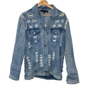 TINSEL‎ Distressed Denim Jacket Sequin Embellished Pearl Trim Blue Size S